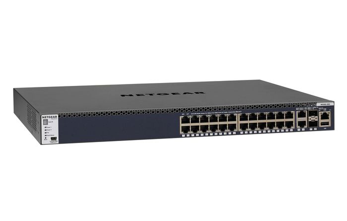 Netgear Stackable Managed Switch, L3, 24-port 1000BASE-T (RJ45), 2-port 10GBASE-T (RJ45), 2-port 10GBASE-X (SFP+), 128Gbps, USB, Mini-USB / RJ45 / RS232 console ports, APS150W PSU - W124889708