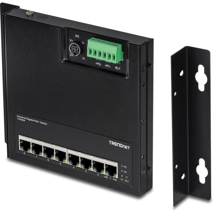 TRENDnet TI-PG80F - 8-Port Industrial Gigabit PoE+ Wall-Mounted Front Access Switch - W124676253