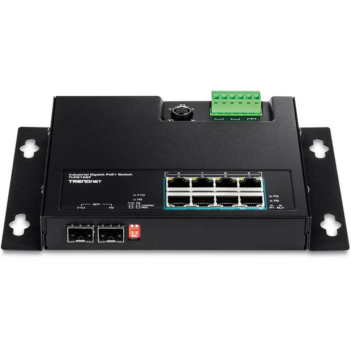 TRENDnet TI-PG102F, 8x 1G PoE+ RJ-45, 2x 1G SFP, 6-pin terminal block, 20Gbps, 14.88Mpps, 48-56V DC, IP30, 150x145x23 mm - W124676251