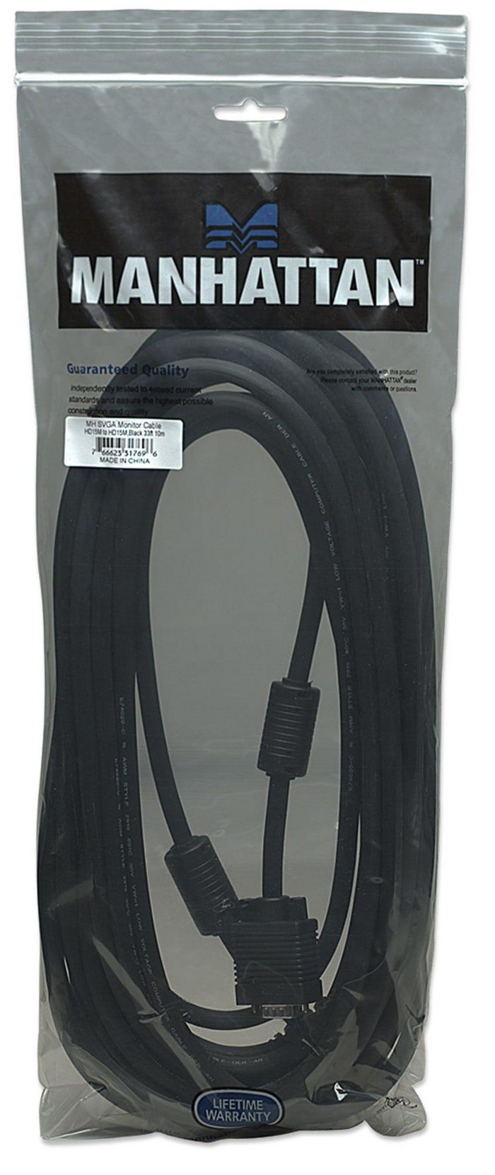 Manhattan SVGA Monitor Cable with Ferrite Cores, HD15, Male to Male, Shielded with Ferrite Cores, 10m, Black, Polybag - W124608464