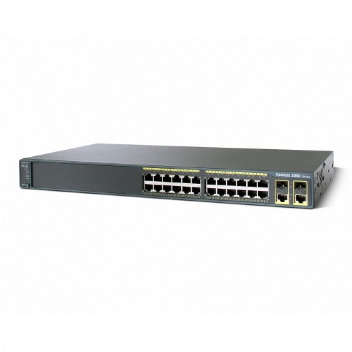 Cisco 24 Ethernet 10/100 ports and 2 dual-purpose uplinks (each dual-purpose uplink port has one 10/100/1000 Ethernet port and 1 SFP-based Gigabit Ethernet port, 1 port active), 24 PoE Ports, 1 RU fixed-configuration, LAN Lite Image installed - W124578660