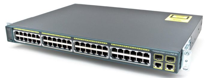 Cisco 48 Ethernet 10/100 ports and 2 10/100/1000 uplinks and 2 SFP uplinks, 48 PoE Ports, 1 RU fixed-configuration, 100 to 240 VAC, 48 dB, LAN Base Layer 2 - W125190526