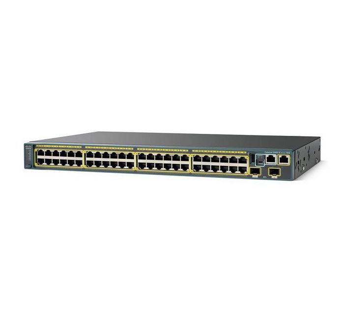 Cisco 101.2 mpps, 48 RJ-45 10/100/1000 PoE+, 2 10 Gigabit Ethernet or 2 1 Gigabit Ethernet SFP+ uplink, 370W PoE, 42 dB, 5.7 kg, LAN Base image - W124478741