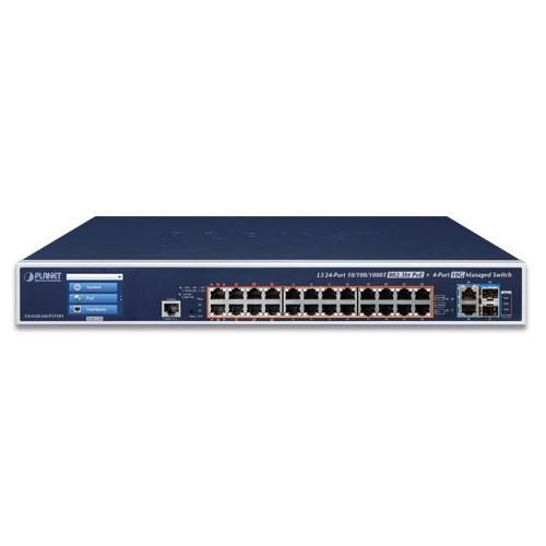 Planet L3 24-Port 10/100/1000T 802.3bt PoE + 2-Port 10GBASE-T + 2-Port 10G SFP+ Managed Switch with LCD Touch Screen and Redundant Power - W124655534