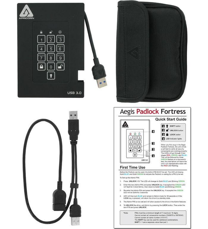 Apricorn 1000GB, Padlock Fortress HDD, USB 3.0, PIN Access - W124484217