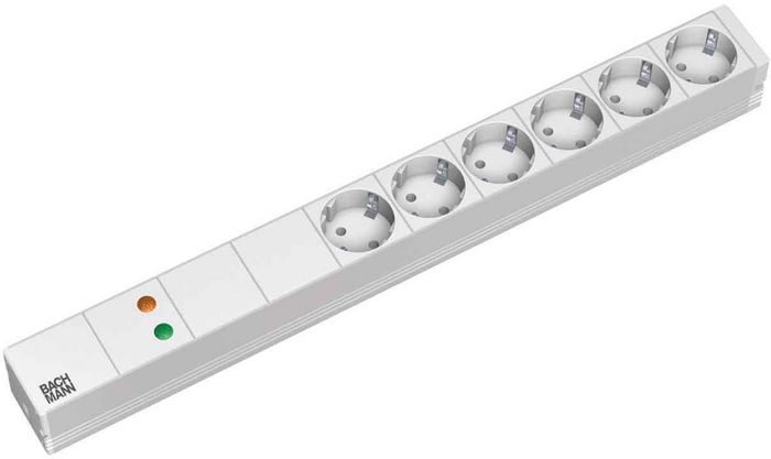 Bachmann 19” IT PDU Basic @ overvoltage protection + mains & frequency filters (230V / 50Hz), 6 socket outlets @ earthing contact, light grey - W125009029