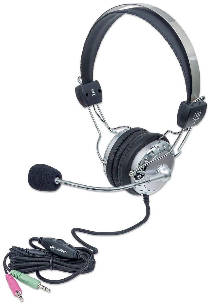 Manhattan Stereo Headset, Easily adjustable with flexible microphone boom, Comfortable padded ear cushions, two 3.5mm plugs, Silver/Black, Silver/Black - W124503370