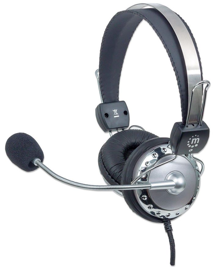Manhattan Stereo Headset, Easily adjustable with flexible microphone boom, Comfortable padded ear cushions, two 3.5mm plugs, Silver/Black, Silver/Black - W124503370