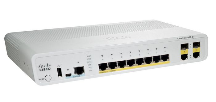 Cisco Catalyst 2960-C, PoE, Fast Ethernet, 8 x 10/100 LAN, 2 x 1Gb Combo SFP, LAN Base, 1.86kg, White - W126752516
