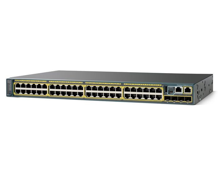Cisco 101.2 mpps, 48 RJ-45 10/100/1000, 2 Ten Gigabit Ethernet SFP+ or 2 One Gigabit Ethernet SFP ports, 740W PoE, 44 dB, 4.3 kg, LAN Base image - W124678746