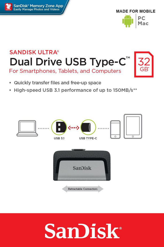 Sandisk 32GB, USB 3.1(Gen1), USB Type-C, 150 MB/s, 9.1g - W124683720