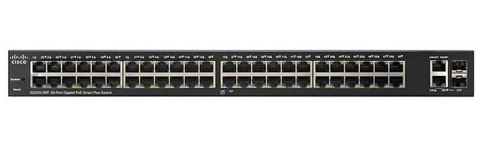 Cisco SB SG220-50P - 50x RJ-45 Gigabit Ethernet, 2x Gigabit RJ45/SFP combo, 100Gbps, 74.4Mpps, 8192 MAC, PoE 375 W, L2, Managed - W124474827