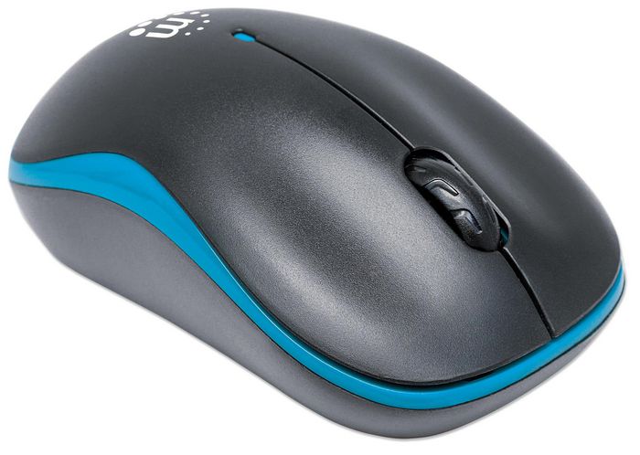 Manhattan Success Wireless Mouse, Black/Blue, 1000dpi, 2.4Ghz (up to 10m), USB, Optical, Three Button with Scroll Wheel, USB micro receiver, AA battery (included), Low friction base, Blister - W124503638