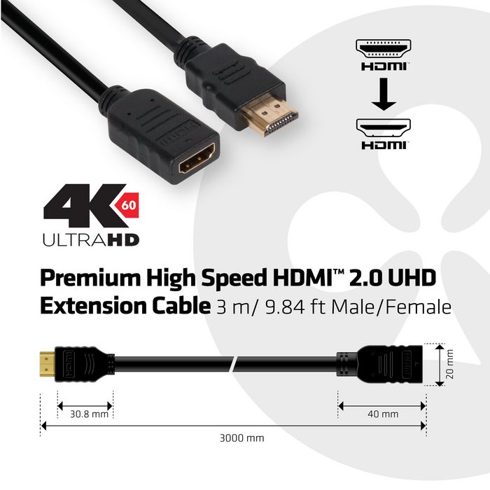 Club3D High Speed HDMI™ 2.0 4K60Hz Extension Cable 3m/ 9.8ft Male/Female - W124647236