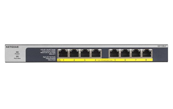 Netgear 8x 10/100/1000Mbps Gigabit Ethernet, 8 PoE+ ports, up to 30W per port, 60W Budget, 0.6kg, Fanless - W124755636