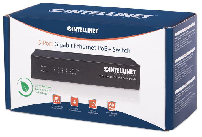 Intellinet 5-Port Gigabit Ethernet PoE+ Switch, 4 x PSE Ports, IEEE 802.3at/af Power over Ethernet (PoE+/PoE) Compliant, 60 W, Desktop (Euro 2-pin plug) - W125305693