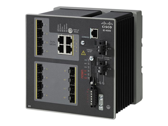 Cisco 12 x RJ-45, Combo Uplinks 1 (4G) , 8 (FE), 1 Mini-USB, 1GB DRAM , 128-MB, 1-GB removable SD, 9.6 to 60VDC 3.7A , - W124586015