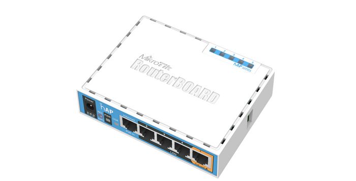 MikroTik hAP, 2.4GHz, QCA9531-BL3A-R 650 MHz, 64 MB, Ethernet, 802.11b/g/n, PoE in, PoE out, USB, 6 - 30 V, License level 4 - W125070639