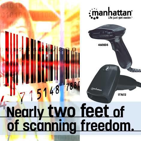 Manhattan Long Range CCD Handheld Barcode Scanner, USB, 500mm Scan Depth, up to 500 scans per second, Cable 1.5m, Black, Box - W124584887
