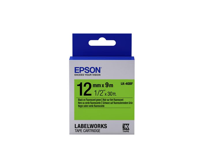 Epson Label Cartridge Fluorescent LK-4GBF Black/Green 12mm (9m) - W124547024