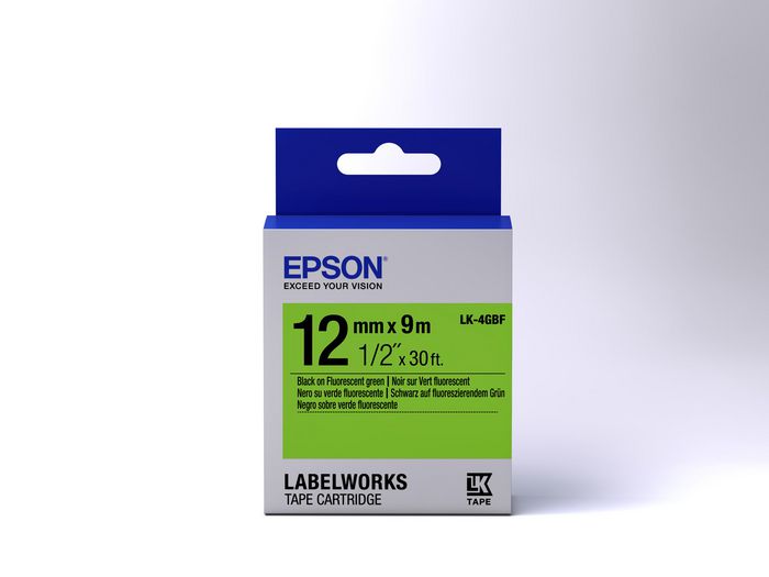 Epson Label Cartridge Fluorescent LK-4GBF Black/Green 12mm (9m) - W124547024