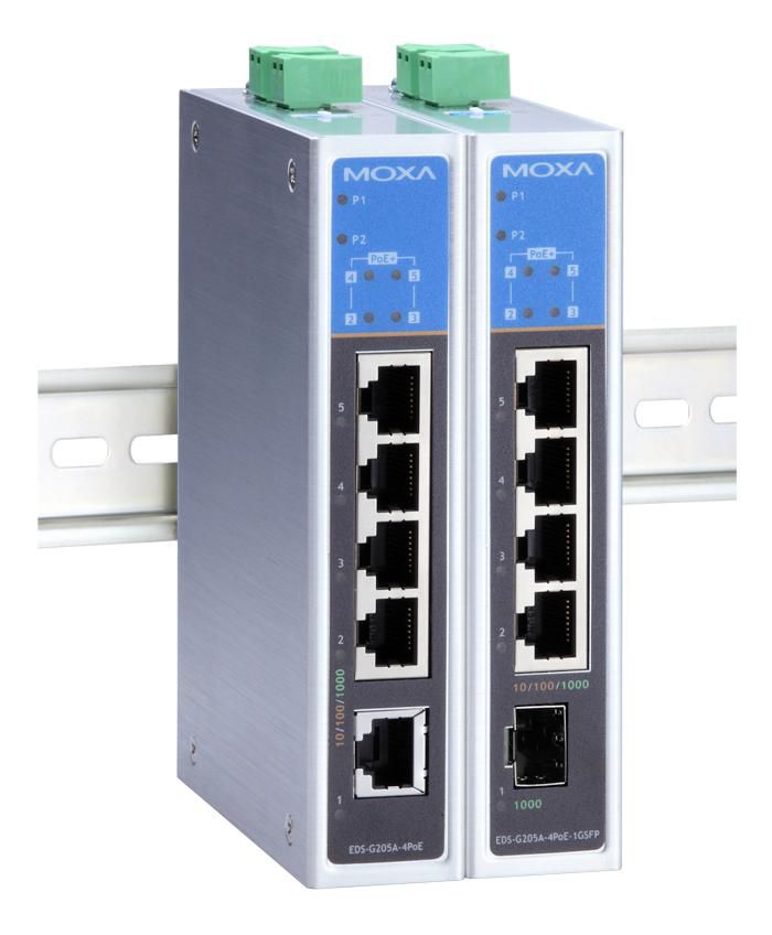 Moxa 5-port full Gigabit unmanaged Ethernet switches with 4 IEEE 802.3af/at PoE+ ports - W124720188
