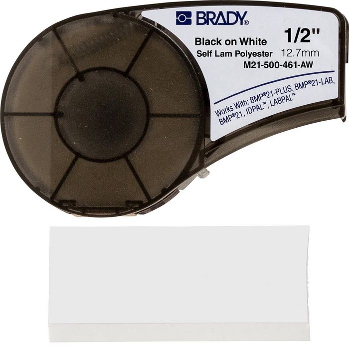 Brady Self-laminating Polyester, Black on White, Matt, 12.7mm x 6.4m - W124662142