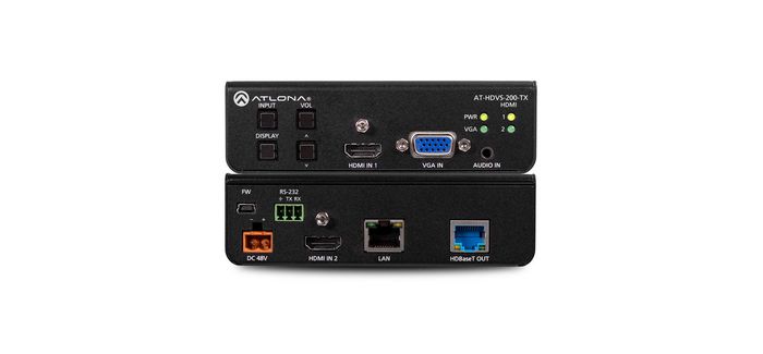 Atlona Three-Input Switcher for HDMI and VGA with Ethernet-Enabled HDBaseT Output, CAT5e/6, HDMI, 4K, VGA, 10.2 Gbps, HDCP 1.4, 30W, 38x127x102 mm - W125400013