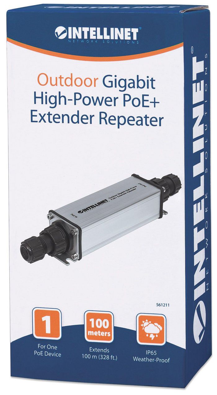 Intellinet Outdoor Gigabit High-Power PoE+ Extender Repeater, IEEE 802.3at/af Power over Ethernet (PoE+/PoE), Extends Range up to 100m, Metal, IP65 - W125504157