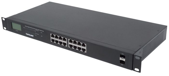 Intellinet 16-Port Gigabit Ethernet PoE+ Switch with 2 SFP Ports, LCD Display, IEEE 802.3at/af Power over Ethernet (PoE+/PoE) Compliant, 370 W, Endspan, 19" Rackmount (Euro 2-pin plug) - W125504158