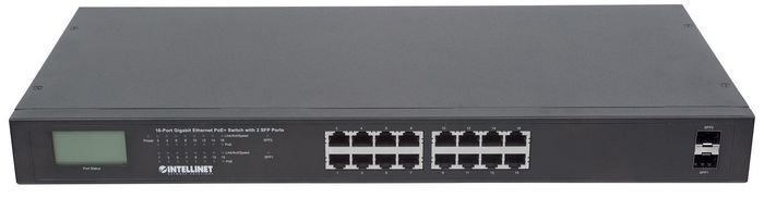 Intellinet 16-Port Gigabit Ethernet PoE+ Switch with 2 SFP Ports, LCD Display, IEEE 802.3at/af Power over Ethernet (PoE+/PoE) Compliant, 370 W, Endspan, 19" Rackmount (Euro 2-pin plug) - W125504158