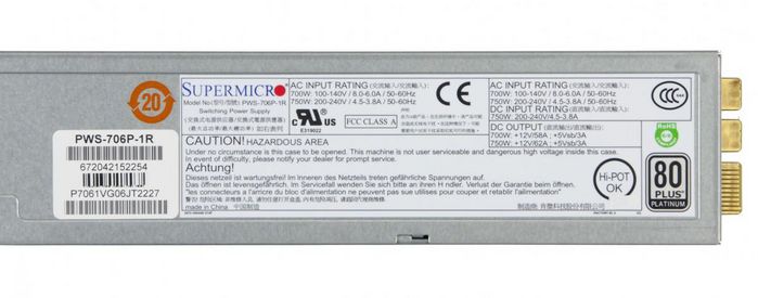 Supermicro 750W Redundant, 80 Plus Platinum, 100-240Vac, 50-60Hz, 3.8-8.0A, 1U - W125515361