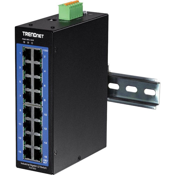 TRENDnet TI-G160i, 16x 1G RJ-45, 6-pin terminal block, 32Gbps, 23.8Mpps, 128MB, QoS, VLAN, ACL, 160x120x50 mm - W125516332
