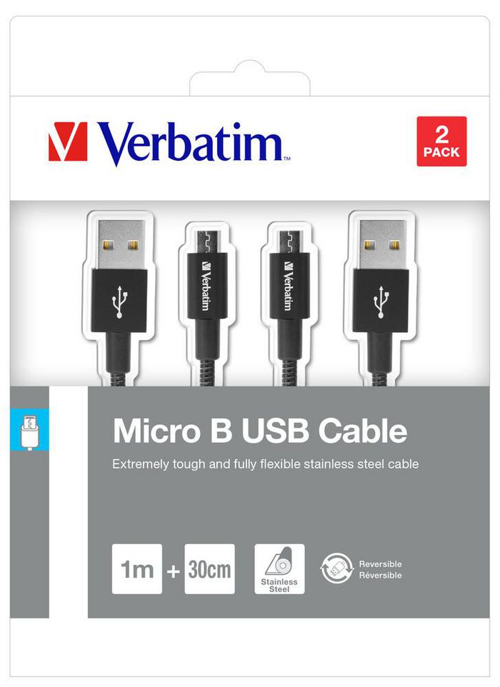 Verbatim Micro USB Sync & Charge Cable 100 cm & 30 cm, Black, 2 Pack - W125625539