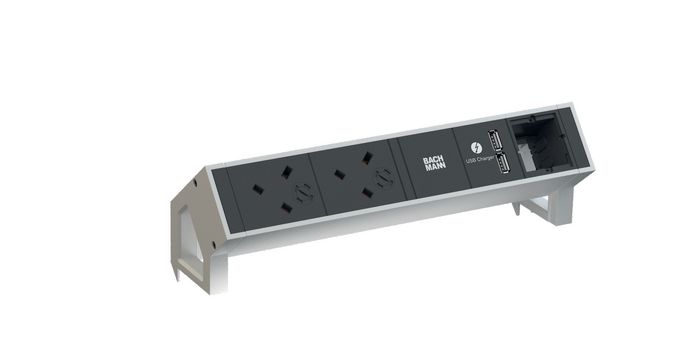 Bachmann DESK 2 power strips – white, 2x UK socket (3.15A), Socket orientation 45°, USB Charger, 1x Custom Module, 274 mm - W124437877