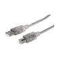 Manhattan USB 2.0 Cable, USB-A to USB-B, Male to Male, 1.8m, Translucent Silver, Polybag